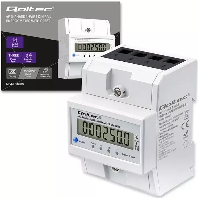 Drehstromzähler QOLTEC 50980 — 400 V, 100 A mit Reset