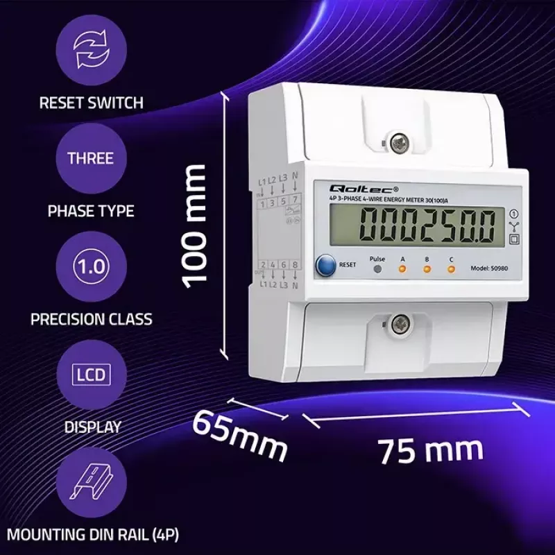 Drehstromzähler QOLTEC 50980 — 400 V, 100 A mit Reset