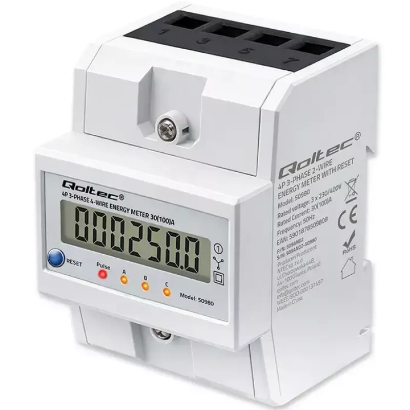 Drehstromzähler QOLTEC 50980 — 400 V, 100 A mit Reset