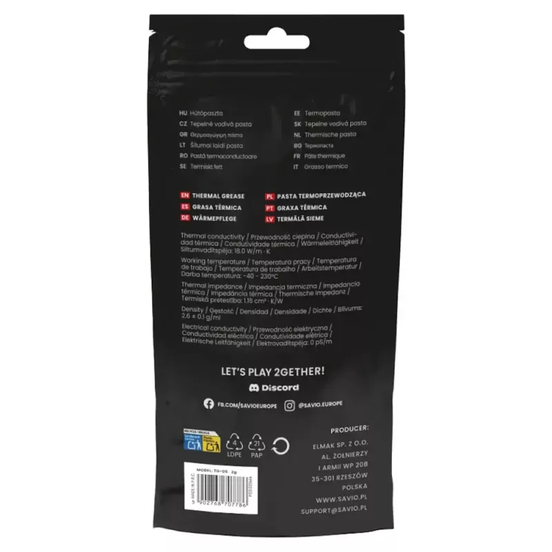 Wärmeleitpaste SAVIO TG-05 2g — Wärmeleitfähigkeit 18 W/m·K, 2 ml