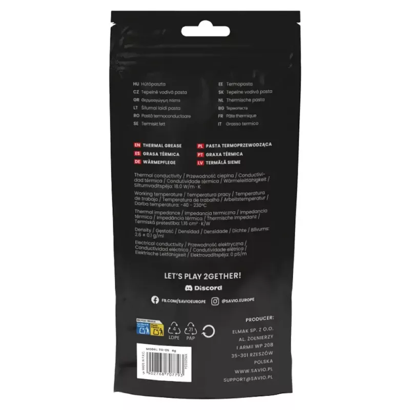 Wärmeleitpaste SAVIO TG-05 4g — Wärmeleitfähigkeit 18 W/m·K, Viskosität 2,6 g/ml