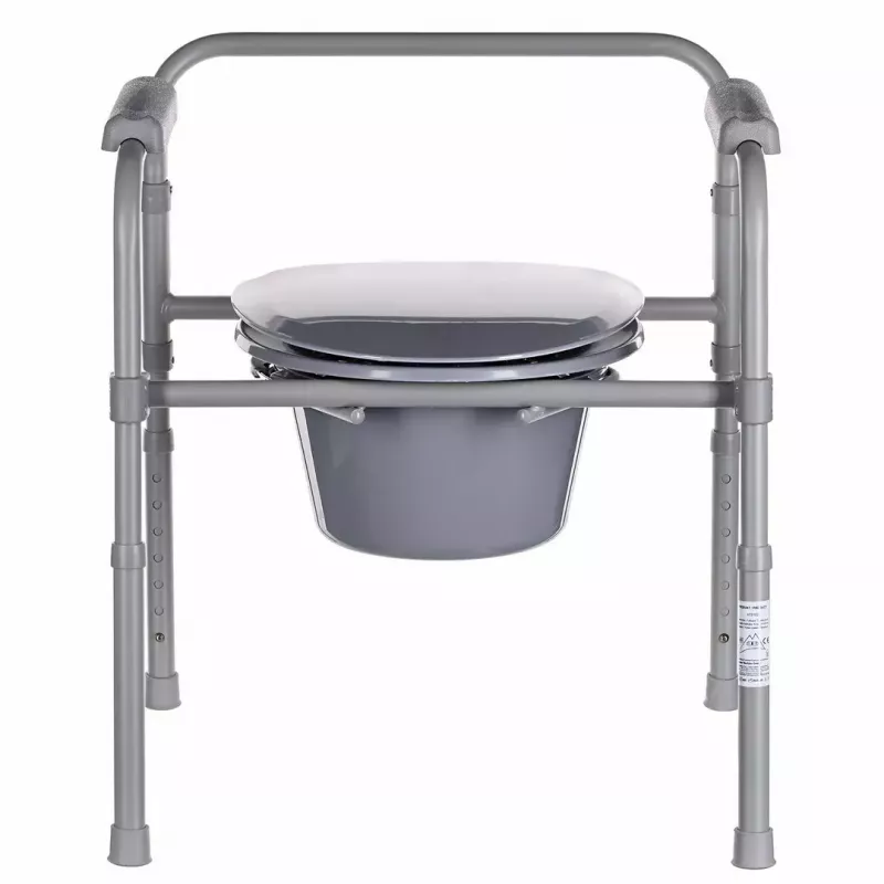 Zusammenklappbarer Toilettenstuhl ANTAR mit Armlehnen, Aufbewahrungsbox, Stahlrahmen, höhenverstellbar 35–50 cm, max. Belastung 120 kg, grau