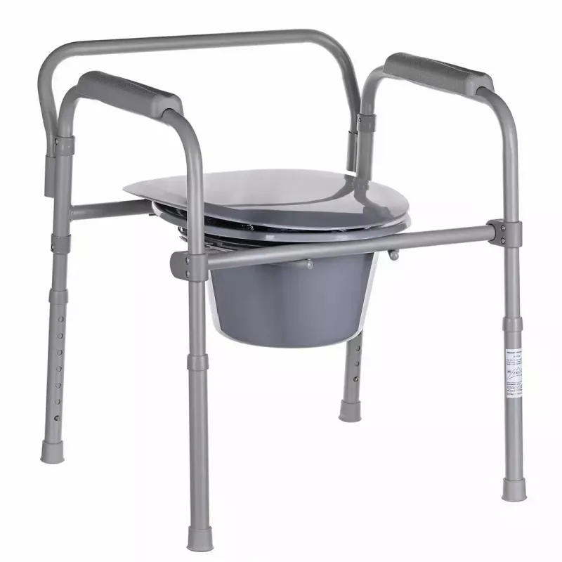 Zusammenklappbarer Toilettenstuhl ANTAR mit Armlehnen, Aufbewahrungsbox, Stahlrahmen, höhenverstellbar 35–50 cm, max. Belastung 120 kg, grau