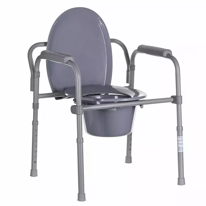 Zusammenklappbarer Toilettenstuhl ANTAR mit Armlehnen, Aufbewahrungsbox, Stahlrahmen, höhenverstellbar 35–50 cm, max. Belastung 120 kg, grau