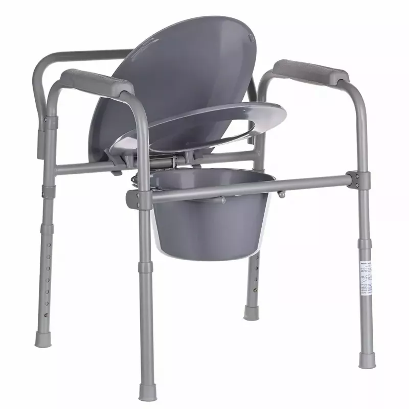 Zusammenklappbarer Toilettenstuhl ANTAR mit Armlehnen, Aufbewahrungsbox, Stahlrahmen, höhenverstellbar 35–50 cm, max. Belastung 120 kg, grau