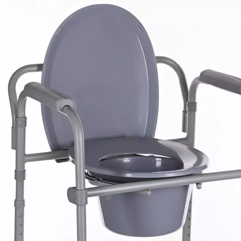 Zusammenklappbarer Toilettenstuhl ANTAR mit Armlehnen, Aufbewahrungsbox, Stahlrahmen, höhenverstellbar 35–50 cm, max. Belastung 120 kg, grau