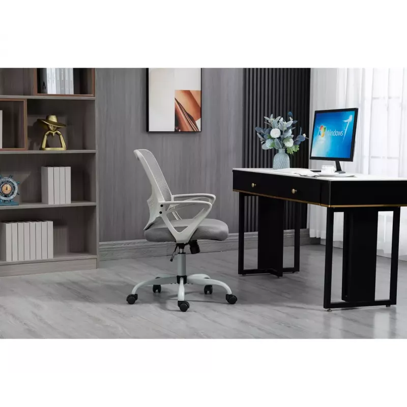 Bürodrehstuhl ActiveJet YK507 – gepolsterte Sitzfläche, Mesh-Rückenlehne, Stoffpolsterung grau, Höhe 90–100 cm, Rückenlehnenbreite 45 cm