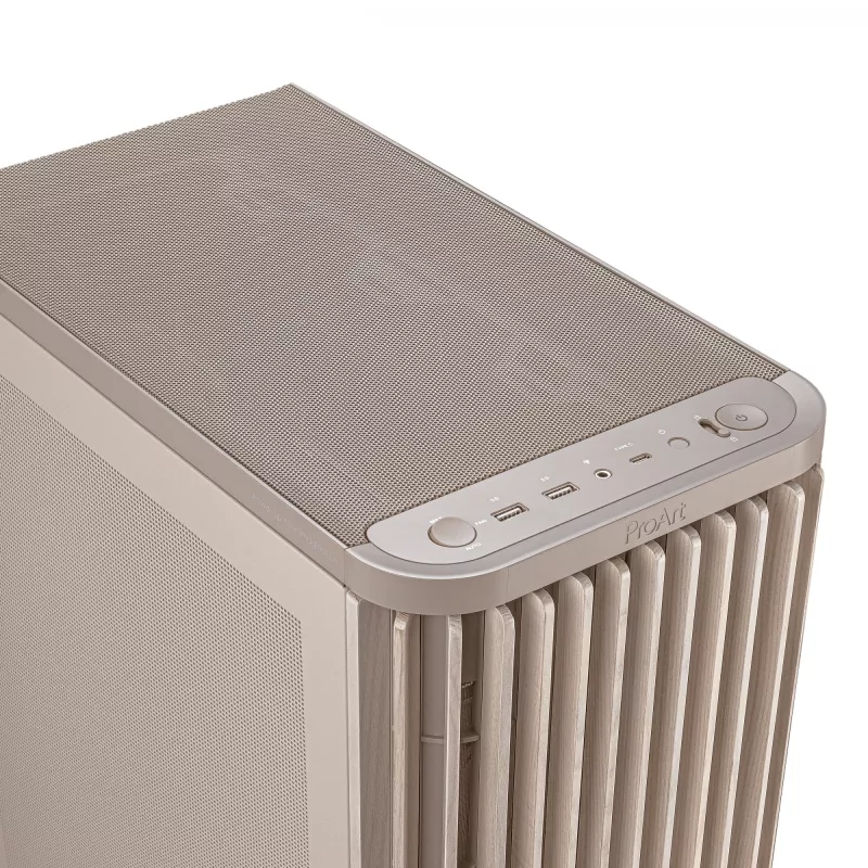 PC-Gehäuse ASUS ProArt PA401 Wood Mesh PWM Beige — ATX, Holz, 2×160 mm Front, 1×120 mm Heck, 2×3,5-Zoll + 2×2,5-Zoll Schächte