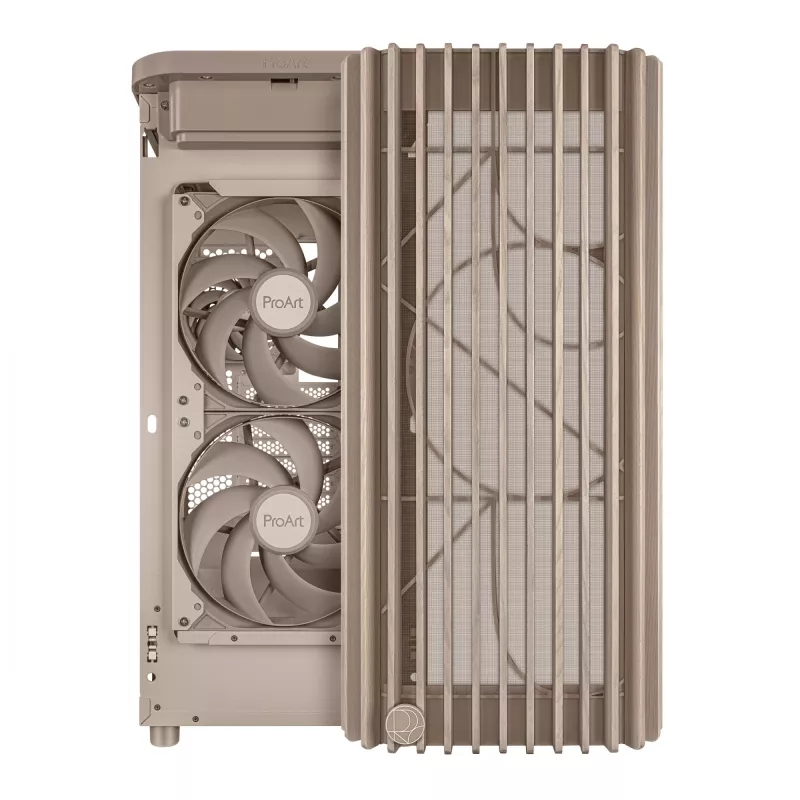 PC-Gehäuse ASUS ProArt PA401 Wood Mesh PWM Beige — ATX, Holz, 2×160 mm Front, 1×120 mm Heck, 2×3,5-Zoll + 2×2,5-Zoll Schächte
