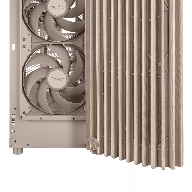PC-Gehäuse ASUS ProArt PA401 Wood Mesh PWM Beige — ATX, Holz, 2×160 mm Front, 1×120 mm Heck, 2×3,5-Zoll + 2×2,5-Zoll Schächte