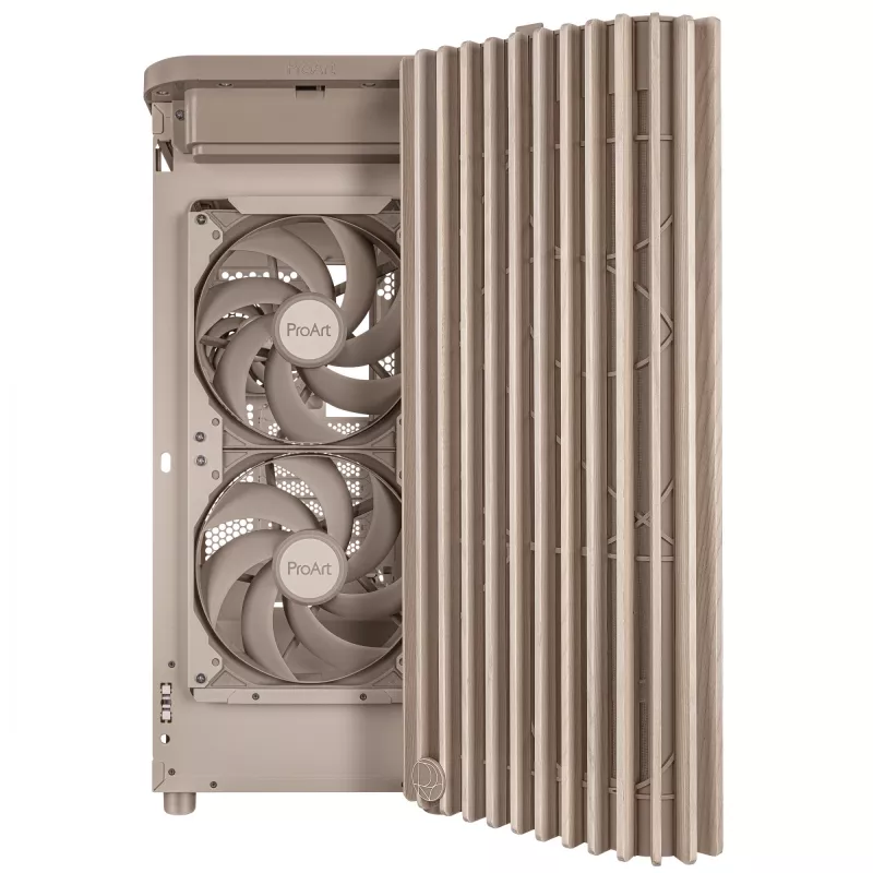 PC-Gehäuse ASUS ProArt PA401 Wood Mesh PWM Beige — ATX, Holz, 2×160 mm Front, 1×120 mm Heck, 2×3,5-Zoll + 2×2,5-Zoll Schächte