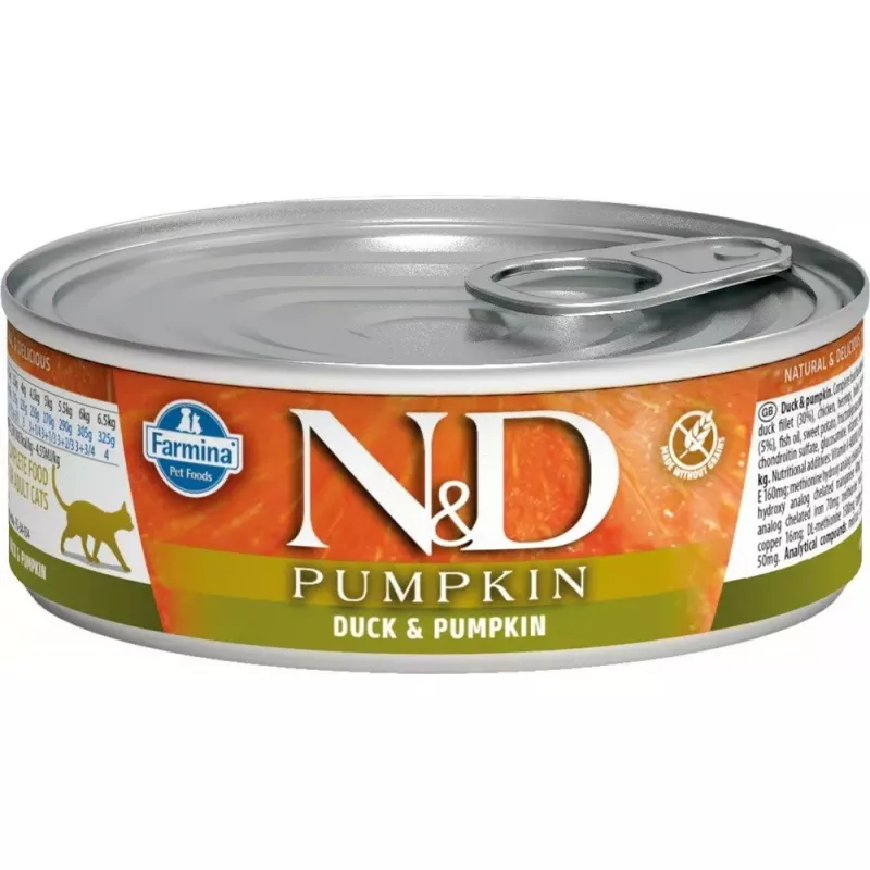 Nassfutter für Katzen Farmina N&D Pumpkin Duck 70 g Beutel, adult mature, 75% Feuchtigkeit, 13% Protein