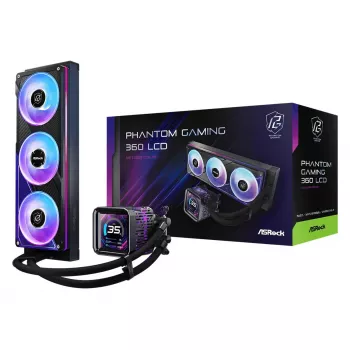 Flüssigkeitskühlungsset ASRock Phantom Gaming 360 LCD — 120-mm-Lüfter, LGA1700/AM5/AM4, Schwarz