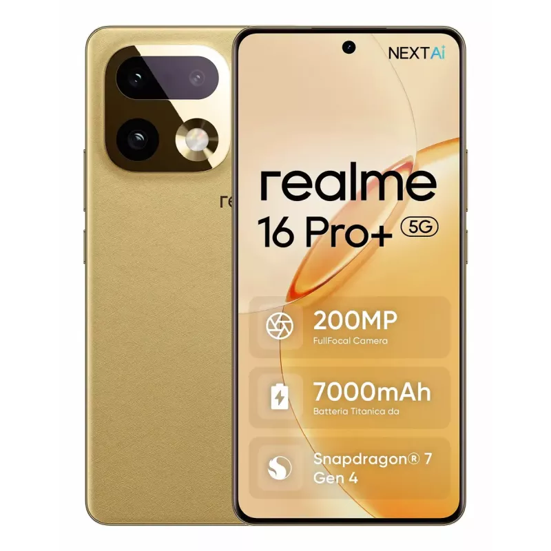 Smartphone REALME realme 16 Pro+ — 6,8 Zoll (17,3 cm) 1280×2800, Snapdragon 7 Gen 4, 12 GB RAM, 512 GB, 200 MP, 7000 mAh, Gold