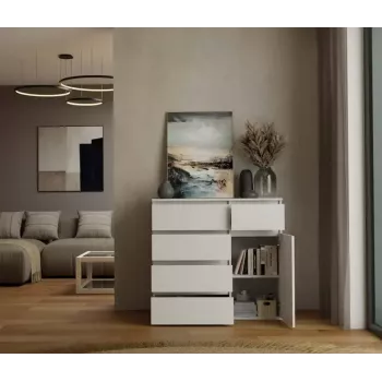 Kommode top e shop MALWA 1D5S, 5 Schubladen, 1 Drehtür, weiß, 1000×400×930 mm, Spanplatte