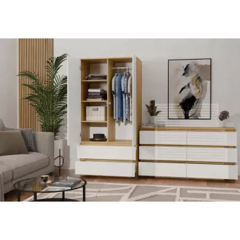 Kleiderschrank top e shop MALWA SS-90, 900×500×1800 mm, artisan oak Korpus, weiße Drehtüren, 2 Schubladen, Spanplatte