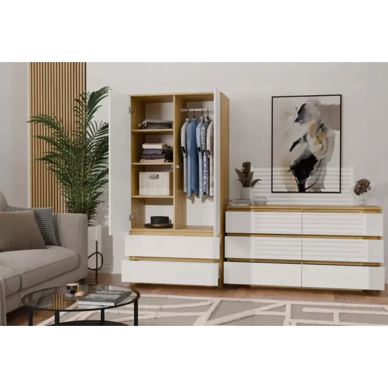 Kleiderschrank top e shop MALWA SS-90, 900×500×1800 mm, artisan oak Korpus, weiße Drehtüren, 2 Schubladen, Spanplatte