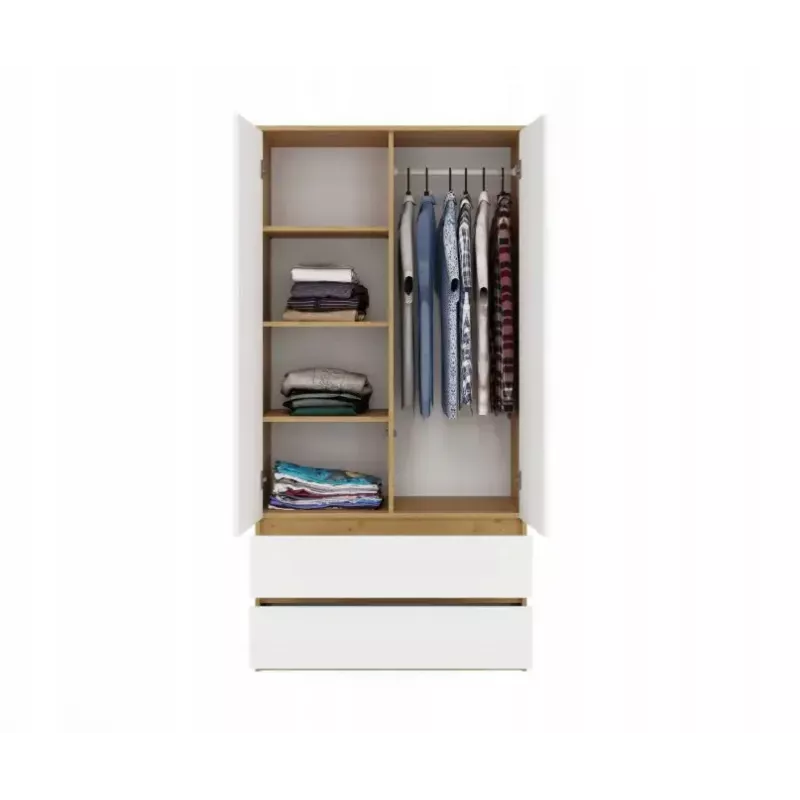 Kleiderschrank top e shop MALWA SS-90, 900×500×1800 mm, artisan oak Korpus, weiße Drehtüren, 2 Schubladen, Spanplatte