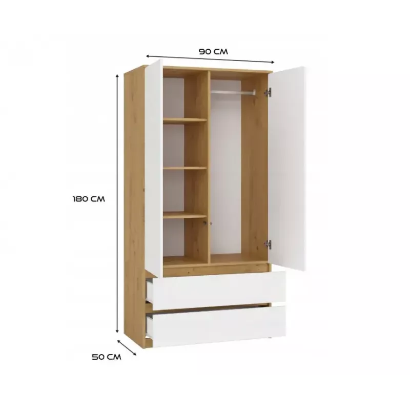 Kleiderschrank top e shop MALWA SS-90, 900×500×1800 mm, artisan oak Korpus, weiße Drehtüren, 2 Schubladen, Spanplatte