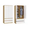 Kleiderschrank top e shop MALWA SS-90, 900×500×1800 mm, artisan oak Korpus, weiße Drehtüren, 2 Schubladen, Spanplatte