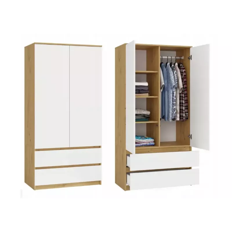 Kleiderschrank top e shop MALWA SS-90, 900×500×1800 mm, artisan oak Korpus, weiße Drehtüren, 2 Schubladen, Spanplatte