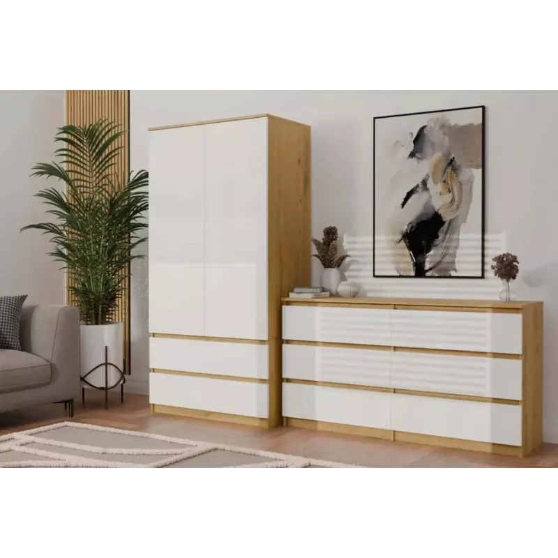 Kleiderschrank top e shop MALWA SS-90, 900×500×1800 mm, artisan oak Korpus, weiße Drehtüren, 2 Schubladen, Spanplatte