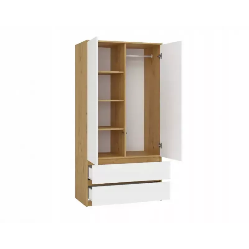 Kleiderschrank top e shop MALWA SS-90, 900×500×1800 mm, artisan oak Korpus, weiße Drehtüren, 2 Schubladen, Spanplatte