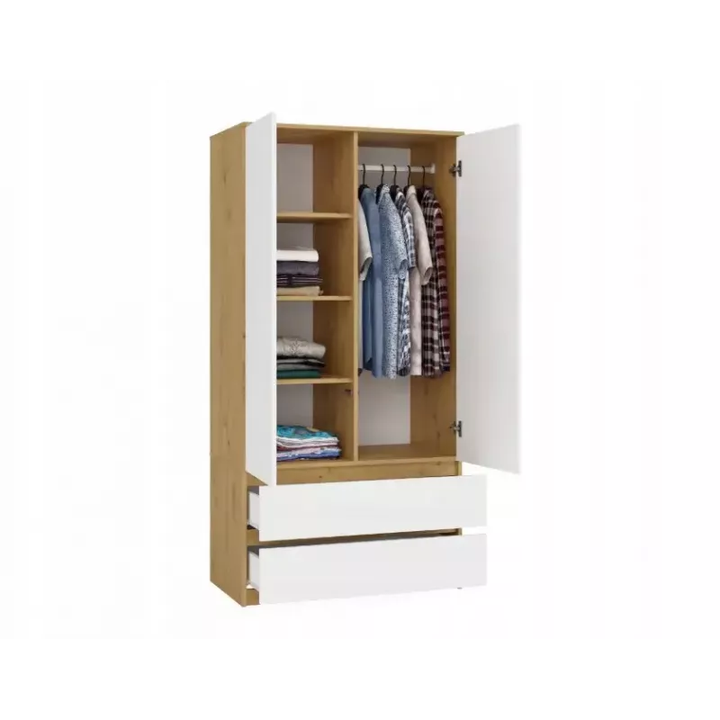 Kleiderschrank top e shop MALWA SS-90, 900×500×1800 mm, artisan oak Korpus, weiße Drehtüren, 2 Schubladen, Spanplatte