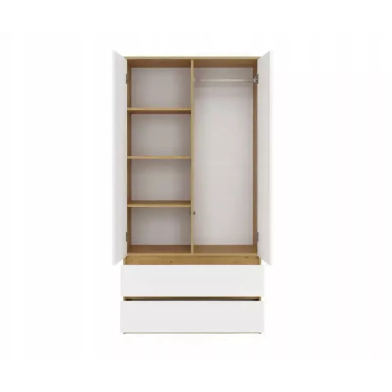 Kleiderschrank top e shop MALWA SS-90, 900×500×1800 mm, artisan oak Korpus, weiße Drehtüren, 2 Schubladen, Spanplatte