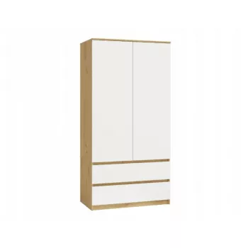 Kleiderschrank top e shop MALWA SS-90, 900×500×1800 mm, artisan oak Korpus, weiße Drehtüren, 2 Schubladen, Spanplatte