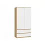 Kleiderschrank top e shop MALWA SS-90, 900×500×1800 mm, artisan oak Korpus, weiße Drehtüren, 2 Schubladen, Spanplatte