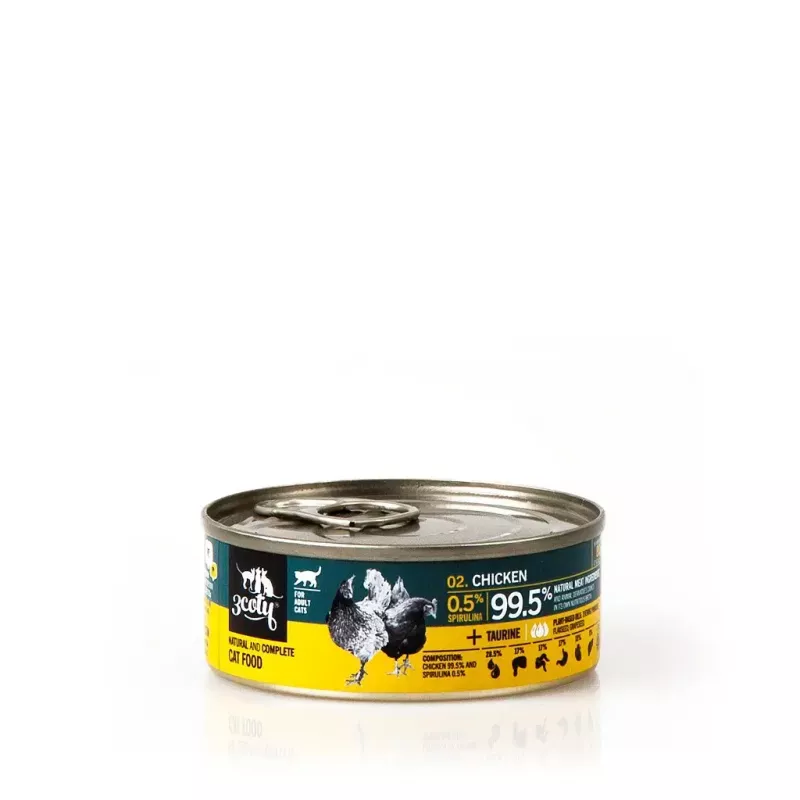Nassfutter für Katzen 3coty Huhn mit Spirulina 80 g — Alleinfuttermittel in Dosen für ausgewachsene Katzen