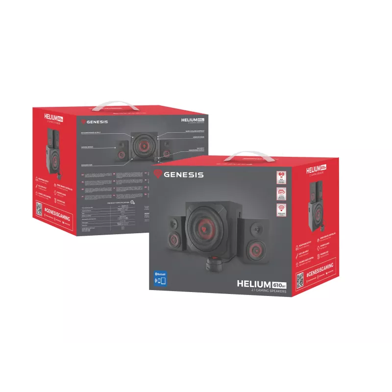 Lautsprecherset GENESIS Helium 610BT 2.1, 60 W RMS, Bluetooth, kabelgebunden, rot/schwarz, kompakter Subwoofer