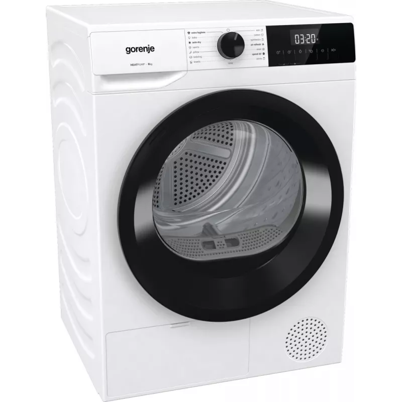 Gorenje Torktumlare DHNE82 BK040, Freistehend, Frontlader, Wärmepumpe, Weiß, Tasten, Drehregler, Rechts