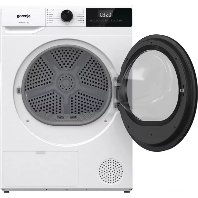 Gorenje Torktumlare DHNE82 BK040, Freistehend, Frontlader, Wärmepumpe, Weiß, Tasten, Drehregler, Rechts