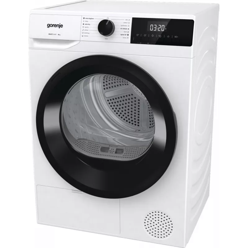 Gorenje Torktumlare DHNE82 BK040, Freistehend, Frontlader, Wärmepumpe, Weiß, Tasten, Drehregler, Rechts