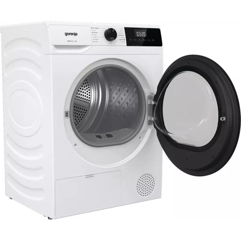 Gorenje Torktumlare DHNE82 BK040, Freistehend, Frontlader, Wärmepumpe, Weiß, Tasten, Drehregler, Rechts