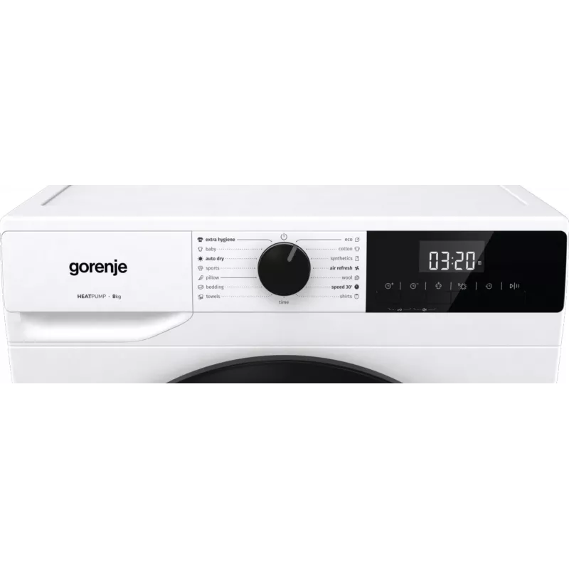 Gorenje Torktumlare DHNE82 BK040, Freistehend, Frontlader, Wärmepumpe, Weiß, Tasten, Drehregler, Rechts