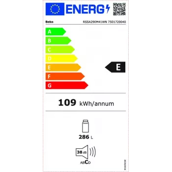 Freistehender Kühlschrank BEKO RSSA290M41WN — 286 L Kapazität, Energieklasse E, 38 dB, weiß