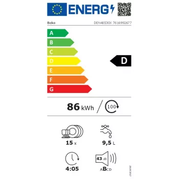 Freistehender Geschirrspüler BEKO DEN48530X, 15 Maßgedecke, 8 Programme, 44 dB, 598×850×600 mm