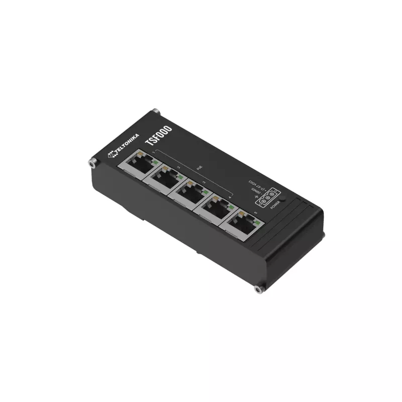 Unmanaged Fast Ethernet PoE Desktop Switch Teltonika TSF000 — 5× 10/100 RJ-45, IEEE 802.3af/at, DC 7–57 V, schwarz