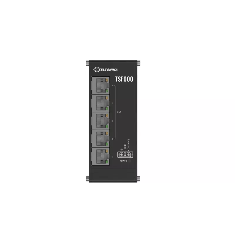 Unmanaged Fast Ethernet PoE Desktop Switch Teltonika TSF000 — 5× 10/100 RJ-45, IEEE 802.3af/at, DC 7–57 V, schwarz