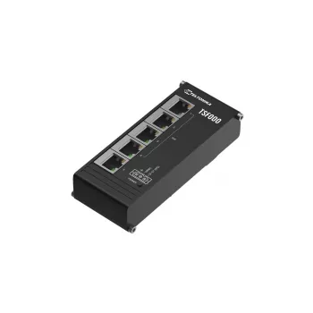 Unmanaged Fast Ethernet PoE Desktop Switch Teltonika TSF000 — 5× 10/100 RJ-45, IEEE 802.3af/at, DC 7–57 V, schwarz