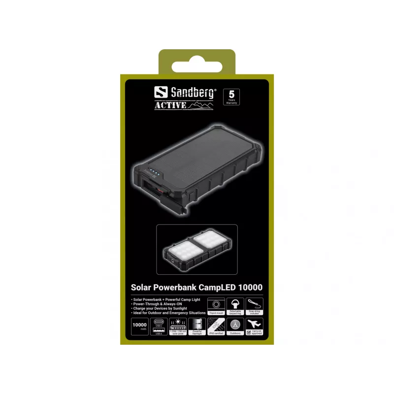 Sandberg Solar Powerbank CampLED 10000, 10000 mAh, Programmable Power Supply (PPS), 3,7 V, 15 W, Schwarz
