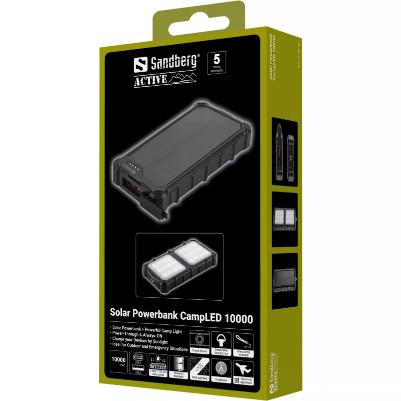 Sandberg Solar Powerbank CampLED 10000, 10000 mAh, Programmable Power Supply (PPS), 3,7 V, 15 W, Schwarz