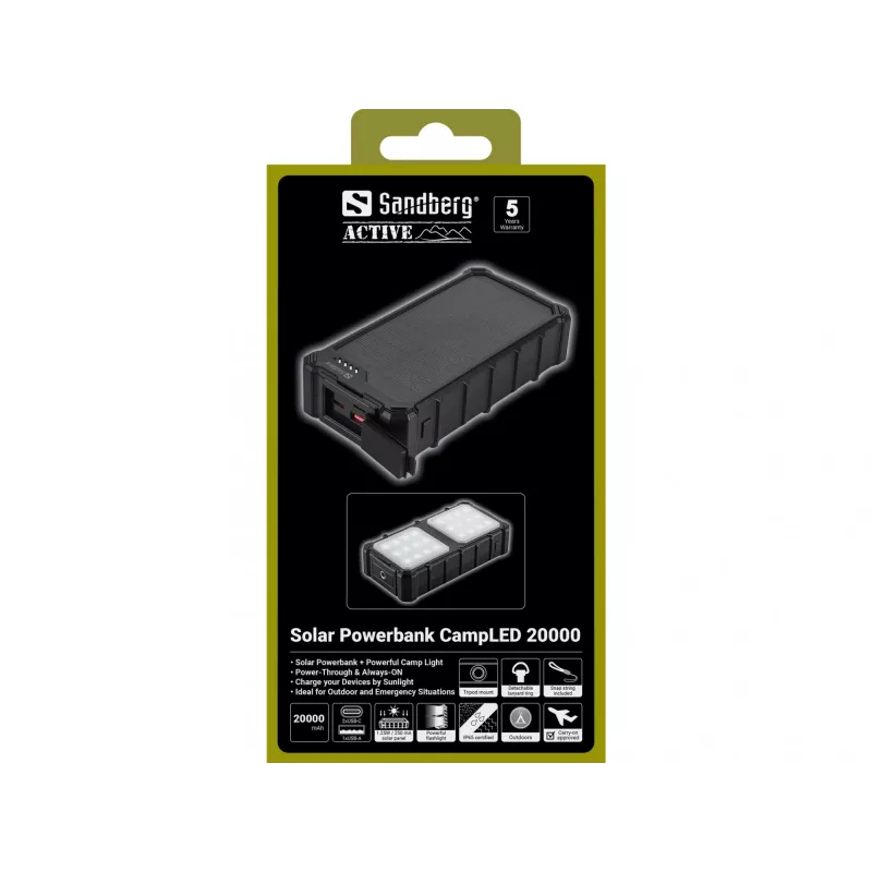 Sandberg Solar Powerbank CampLED 20000, 20000 mAh, Programmable Power Supply (PPS), 3,7 V, 15 W, Schwarz