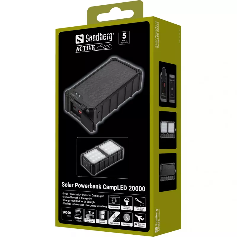 Sandberg Solar Powerbank CampLED 20000, 20000 mAh, Programmable Power Supply (PPS), 3,7 V, 15 W, Schwarz