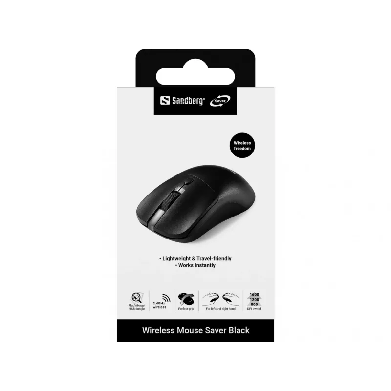 Sandberg Wireless Maus Saver Schwarz, Beidhändig, RF Wireless, 1600 DPI, Schwarz