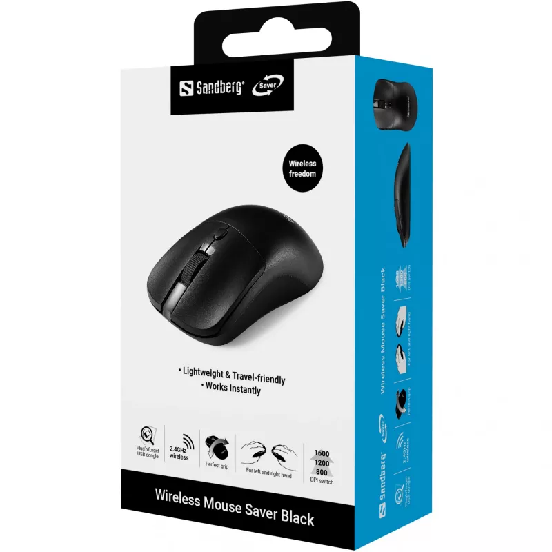 Sandberg Wireless Maus Saver Schwarz, Beidhändig, RF Wireless, 1600 DPI, Schwarz