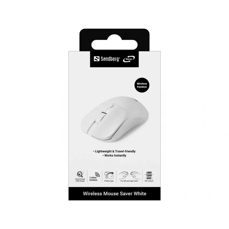Sandberg Wireless Maus Saver Weiß, Beidhändig, RF Wireless, 1600 DPI, Weiß